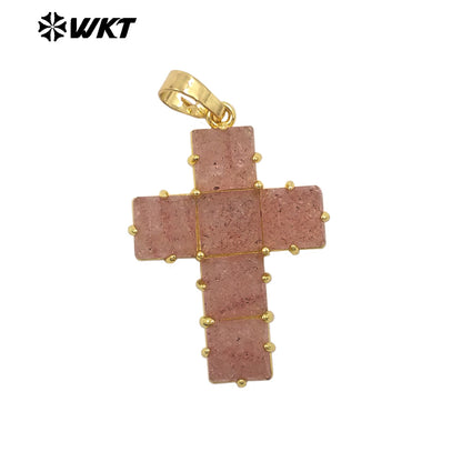 WT-P2113 Wonderful Gold Plated Square Natural Gemstones Splicing Cross Shape Pendants As Friend Handmade Jewelry Gift Findings