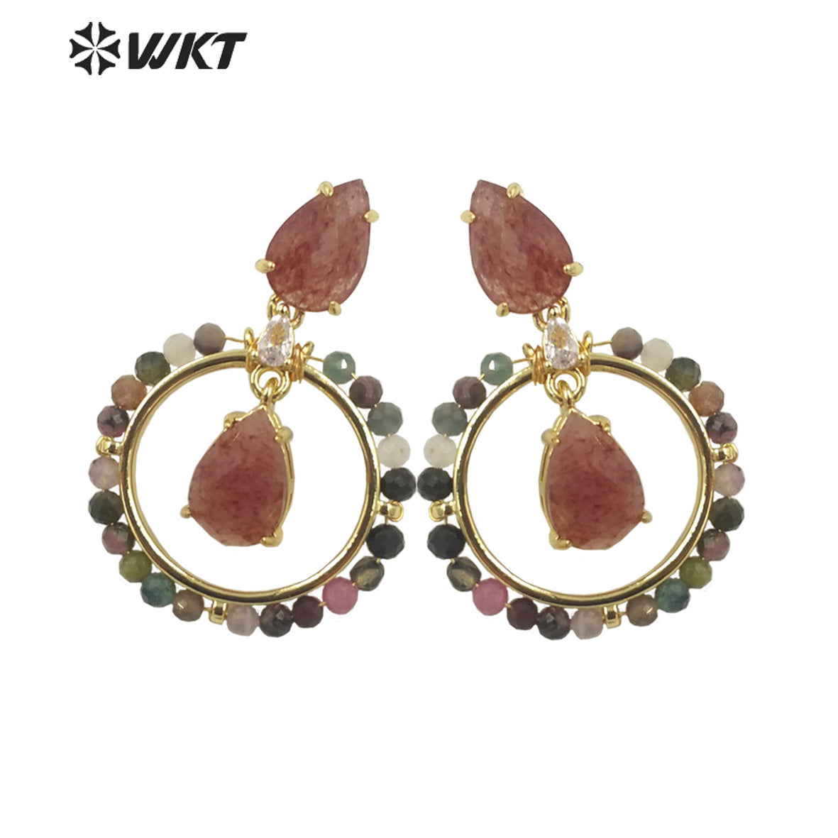 WT-E714 WKT Newest Summer Design Gorgeous Multi Natural Gemstone Big Hoop Earrings Gold Plated Lead Free Amazonite Stone Studs
