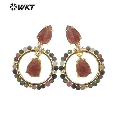 WT-E714 WKT Newest Summer Design Gorgeous Multi Natural Gemstone Big Hoop Earrings Gold Plated Lead Free Amazonite Stone Studs