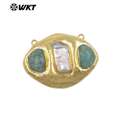 WT-PC021 Delicate 18K Gold Plated Two Natural Stones And Pearl Connectors With Double Hoops For Women Unique Necklace Design