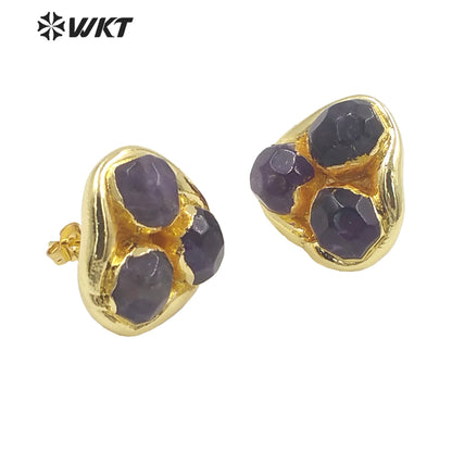 WT-E748 Newest WKT Exclusive Design Natural Triple Assemble Blue Agate Flower Shape Stone Studs America Hot Earrings