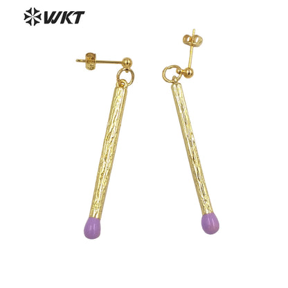 WT-E686 Fashion Simple Long Stick Sexy Earrings Candy Color 18k Real Gold Plated Straight Dangle Pendant Earrings for Party