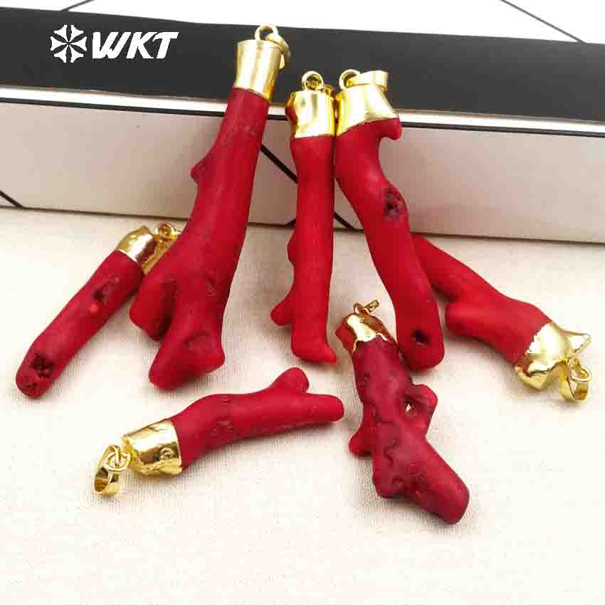 WT-P245 Hot!! Red Natural Coral Tesajo with 18k Gold Plated on Top Elegant Pendants for Women Natural Stone Pendant Red Coral Pendant