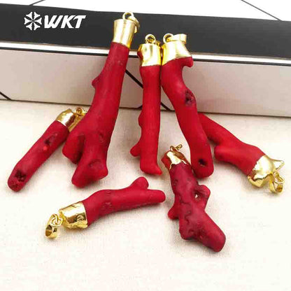 WT-P245 Hot!! Red Natural Coral Tesajo with 18k Gold Plated on Top Elegant Pendants for Women Natural Stone Pendant Red Coral Pendant