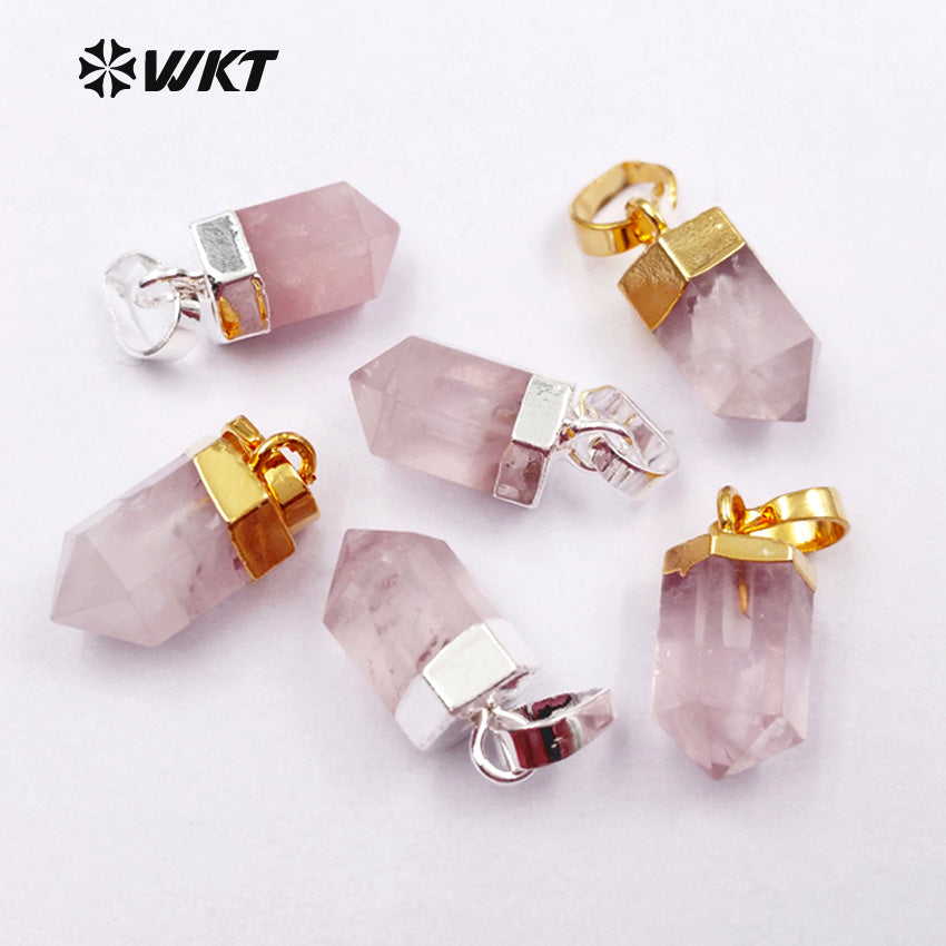 WT-P1332 WKT Wholesale Bullet Point Tiny Exquisite 24k Real Gold Silver Plated Rose Quartz Pendant Gift for Girl