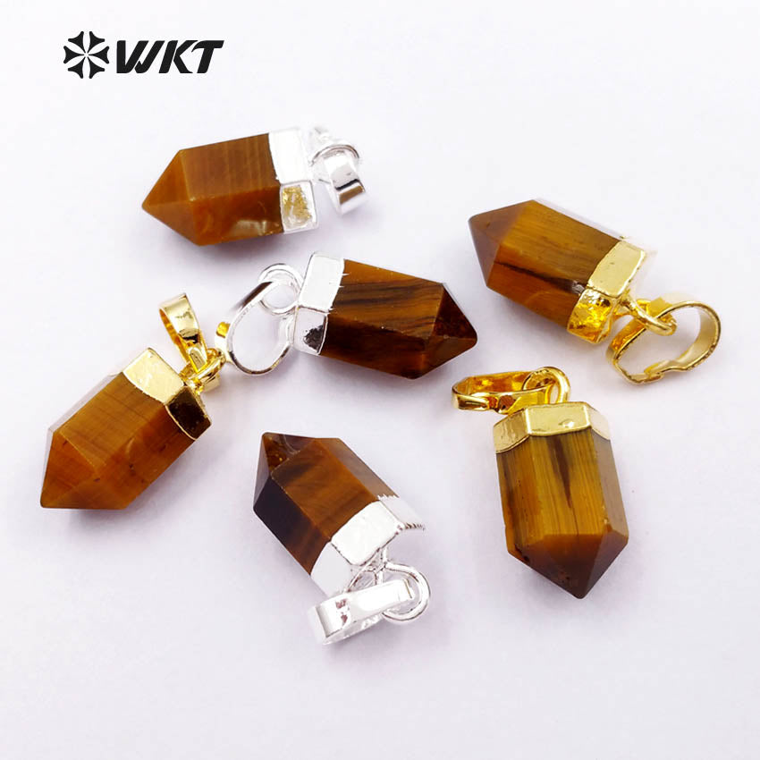 WT-P1327 WKT Wholesale Bullet Shape Terminated Point Tiny 24k Real Gold Plated Tiger Eye Pendant for Women