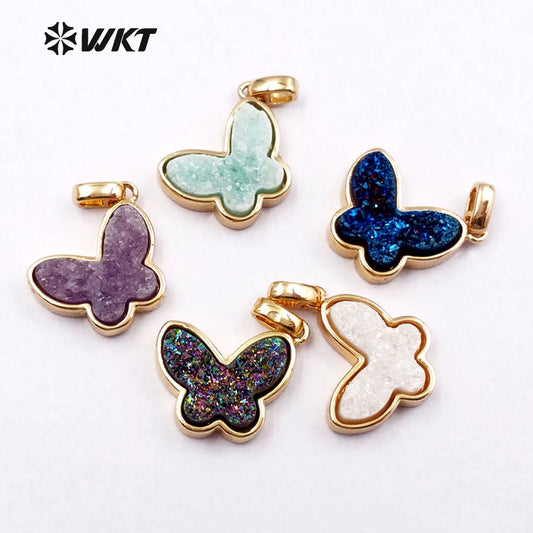 WT-P1325 WKT Wholesale New Arrival Natural Butterfly Drusy Agate Real Gold Silver Plated Pendant for Women