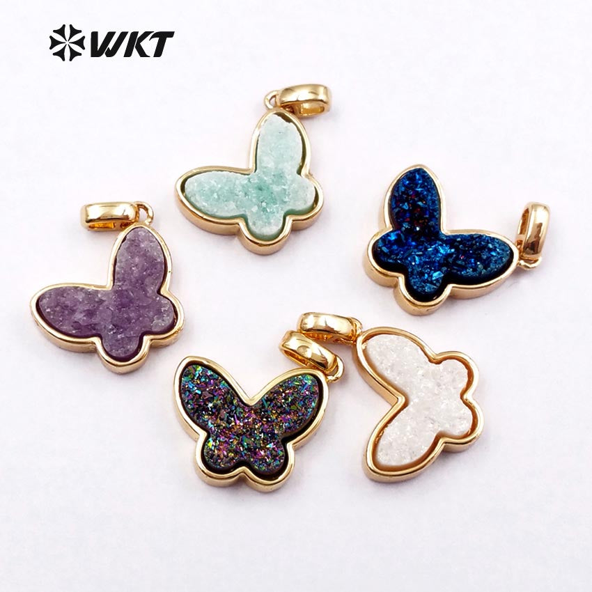 WT-P1325 WKT Wholesale New Arrival Natural Butterfly Drusy Agate Real Gold Silver Plated Pendant for Women