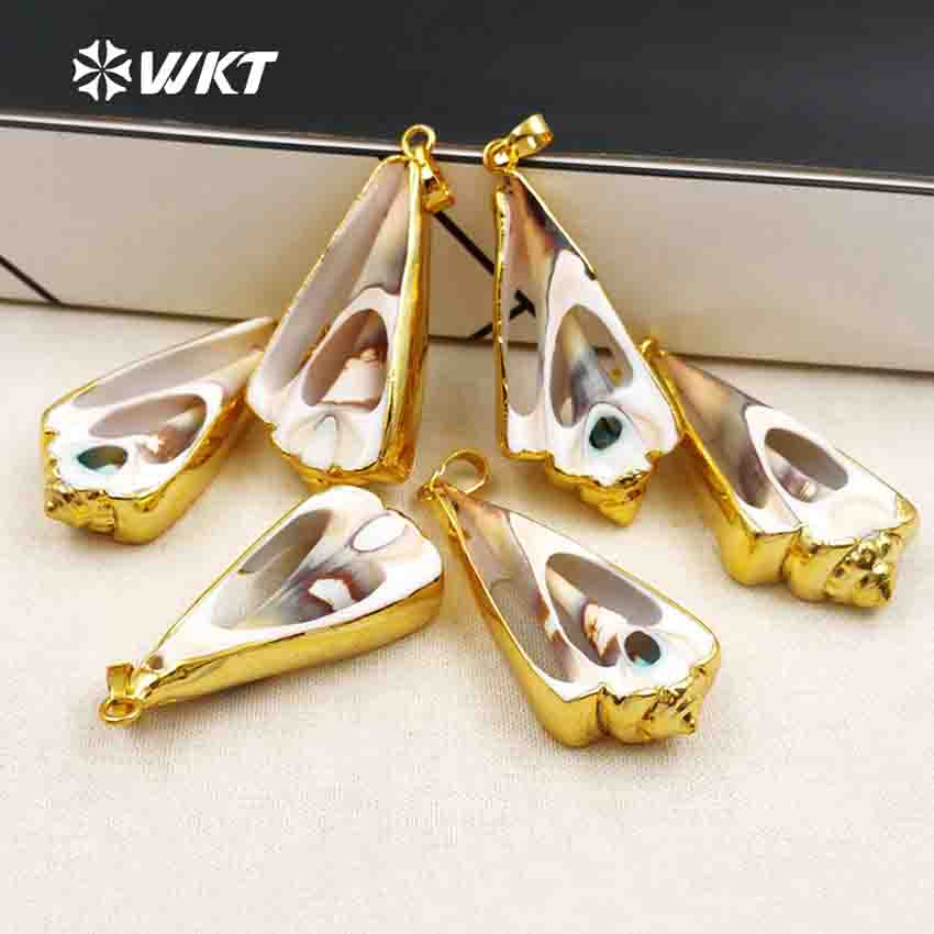WT-P351 Lovely Slice Shell Pendant Charm with Electroplated 24k Gold Layered Edges Shell Pendant for Party