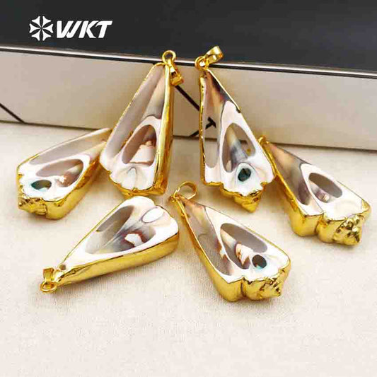 WT-P351 Lovely Slice Shell Pendant Charm with Electroplated 24k Gold Layered Edges Shell Pendant for Party