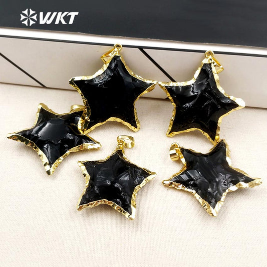 WT-P1323 High Quality 24k Real Gold Plated Black Obsidian Pendant With Star Shape Hot Fashion Gift for Women