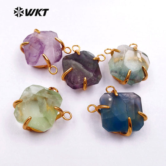 WT-P259 New Natural Raw Fluorite Stone Pendants with 24k Gold Plated Prong Setting