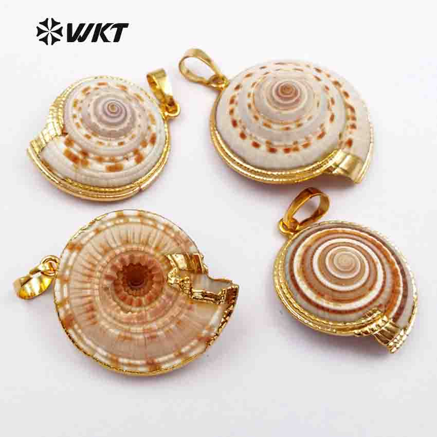 WT-JP007 NEWEST!!Clearance Swirl Gold Edged Unique Natural Shell Pendant with Electroplated Gift for Women