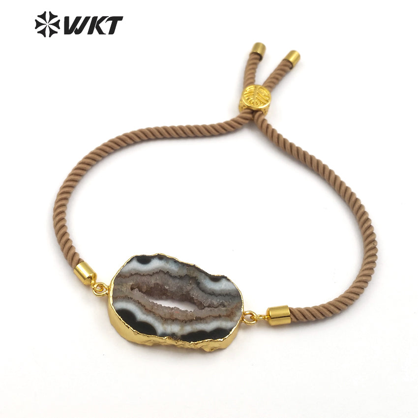 WT-B438 Women's Boho Adjustable Pendant in Black and Grey Color Raw Stone With Gold Trim Natural Geode Druzy Stone Bracelet
