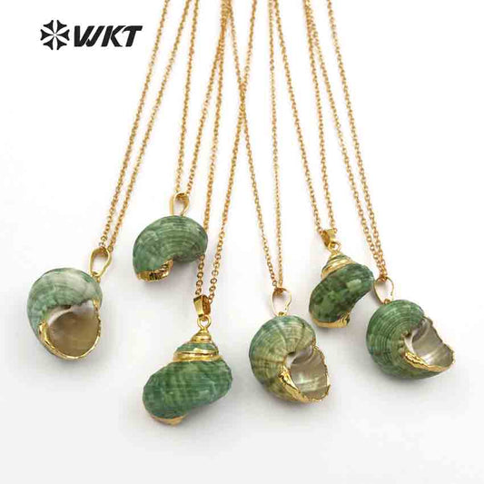 WT-JN052 Wholesale New Design Green with Electroplated Natural Shape Women Jewelry Making Pendants Mini Trumpet Shell Necklace