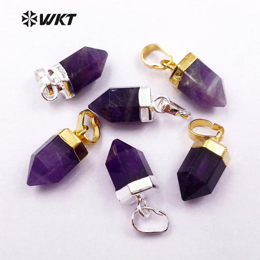 WT-P1333 WKT Wholesale Fashionable Bullet Shape Tiny Elegant 24k Real Gold Silver Plated Purple Amethyst Pendant