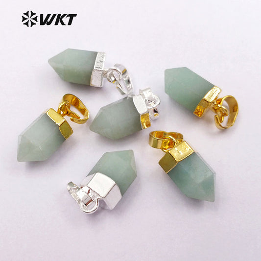 WT-P1328 WKT Wholesale Small Bullet Point Tiny Multiply Gemstone Real Gold Silver Plated Natural Raw Green Chalcedony Pendant