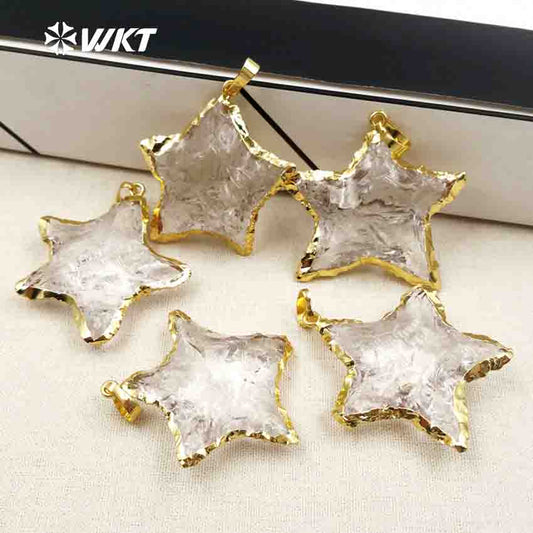 WT-P1326 WKT Wholesale Transparent Raw Crystal Quartz Charm 24k Genuine Gold Plated Pendant Star Shape Women