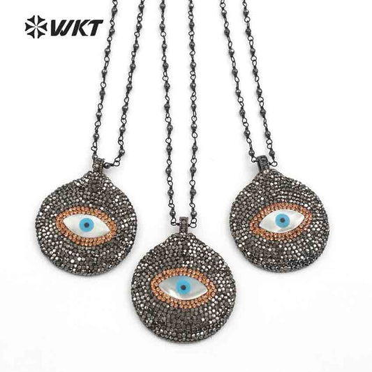 WT-NV214 Wholesale New Arrival Elegant Round Shape Hematite Beads Rosary Chain Jewelry CZ Rhinestone Pave Pendant Necklace