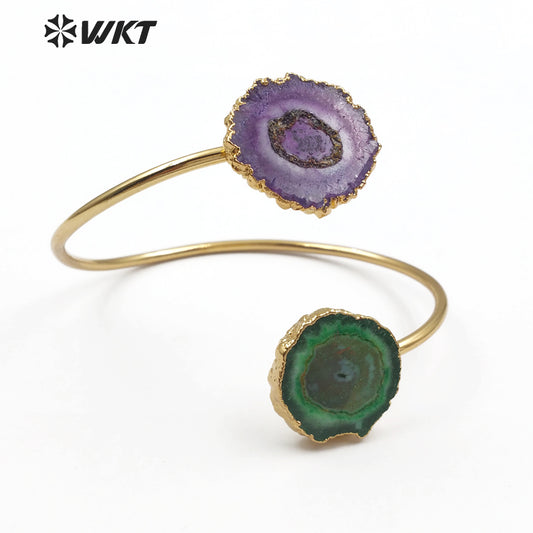WT-B439 Woman Jewelry Double Quartz With Gold Bezel Fashion Cuff Size Can Adjust Colorful Natural Stalactite Quartz Bracelet