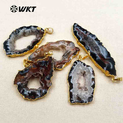 WT-P096 Wholesales Natural Slice Geode Druzy Agate for Women Hollow Inside Special Design Black Slice Geode Agate Pendant