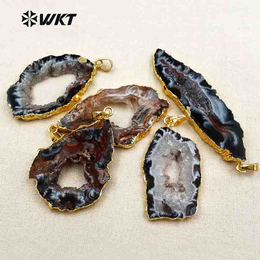 WT-P096 Wholesales Natural Slice Geode Druzy Agate for Women Hollow Inside Special Design Black Slice Geode Agate Pendant