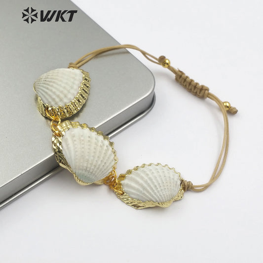 WT-B442 Handmade Natural Seashells With Gold-plated Edge for Summer Wear Adjustable Fan-shaped White Scallop Shell Bracelet