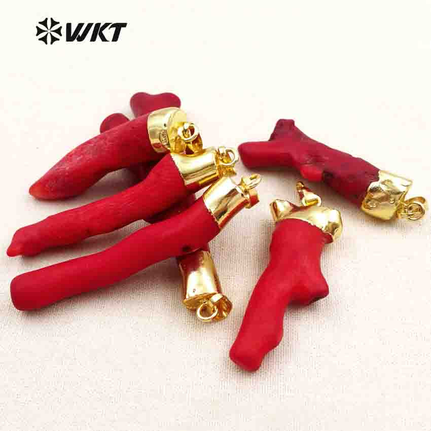 WT-P245 Hot!! Red Natural Coral Tesajo with 18k Gold Plated on Top Elegant Pendants for Women Natural Stone Pendant Red Coral Pendant