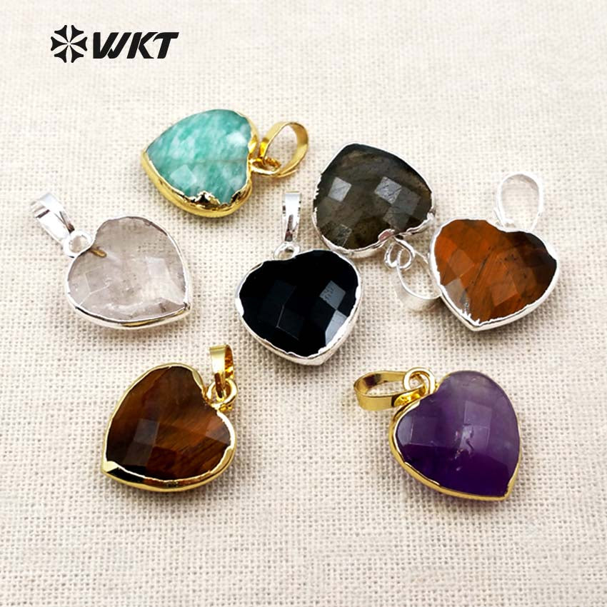 WT-P1306 Real Natural Black Agate Tigers Eye Pendant Heart Faceted Pendant With Real Gold Electroplated Gemstone Pendant