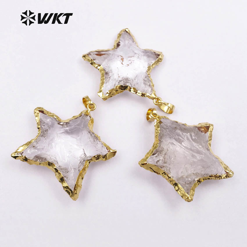 WT-P1326 WKT Wholesale Transparent Raw Crystal Quartz Charm 24k Genuine Gold Plated Pendant Star Shape Women