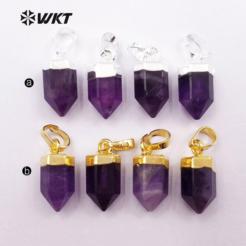 WT-P1333 WKT Wholesale Fashionable Bullet Shape Tiny Elegant 24k Real Gold Silver Plated Purple Amethyst Pendant