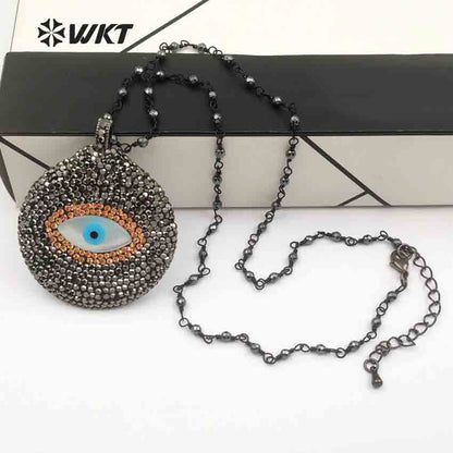 WT-NV214 Wholesale New Arrival Elegant Round Shape Hematite Beads Rosary Chain Jewelry CZ Rhinestone Pave Pendant Necklace
