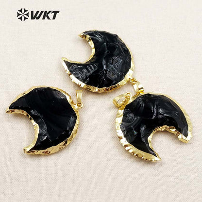 WT-P1322 Amazing Handmade Handmer Natural Raw Black Obsidian Crescent Horn Moon Stone Pendant With 18k Real Gold Plated