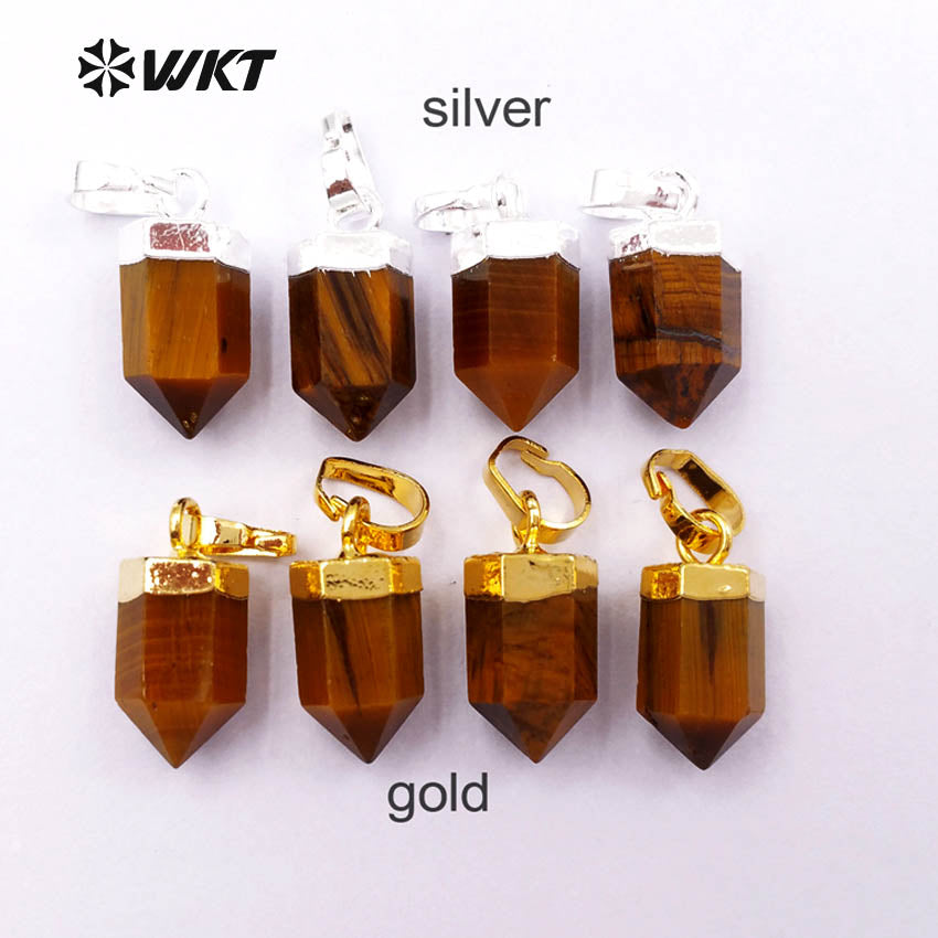 WT-P1327 WKT Wholesale Bullet Shape Terminated Point Tiny 24k Real Gold Plated Tiger Eye Pendant for Women