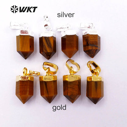 WT-P1327 WKT Wholesale Bullet Shape Terminated Point Tiny 24k Real Gold Plated Tiger Eye Pendant for Women