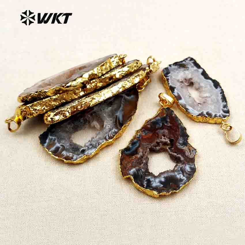 WT-P096 Wholesales Natural Slice Geode Druzy Agate for Women Hollow Inside Special Design Black Slice Geode Agate Pendant