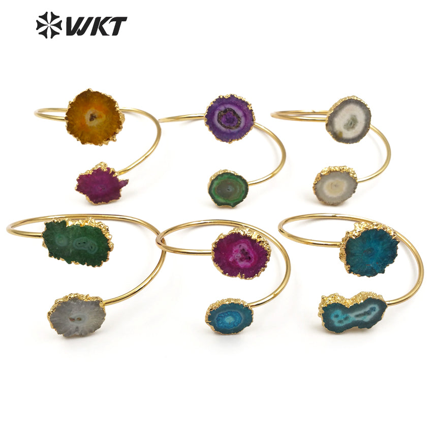 WT-B439 Woman Jewelry Double Quartz With Gold Bezel Fashion Cuff Size Can Adjust Colorful Natural Stalactite Quartz Bracelet