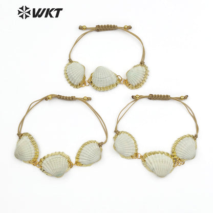 WT-B442 Handmade Natural Seashells With Gold-plated Edge for Summer Wear Adjustable Fan-shaped White Scallop Shell Bracelet