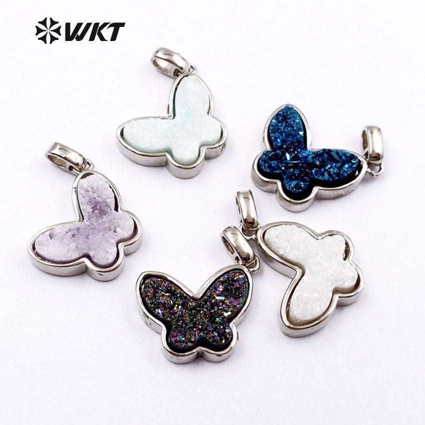 WT-P1325 WKT Wholesale New Arrival Natural Butterfly Drusy Agate Real Gold Silver Plated Pendant for Women