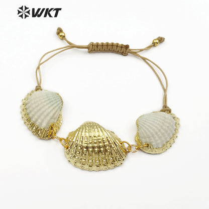WT-B440 New Design Two Edges and Gold Plated in the Middle of Three Natural Seashells for Women White Scallop Shell Bracelet