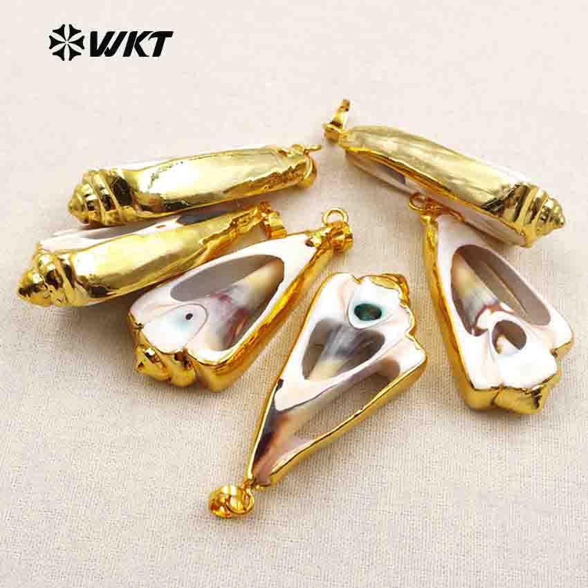 WT-P351 Lovely Slice Shell Pendant Charm with Electroplated 24k Gold Layered Edges Shell Pendant for Party