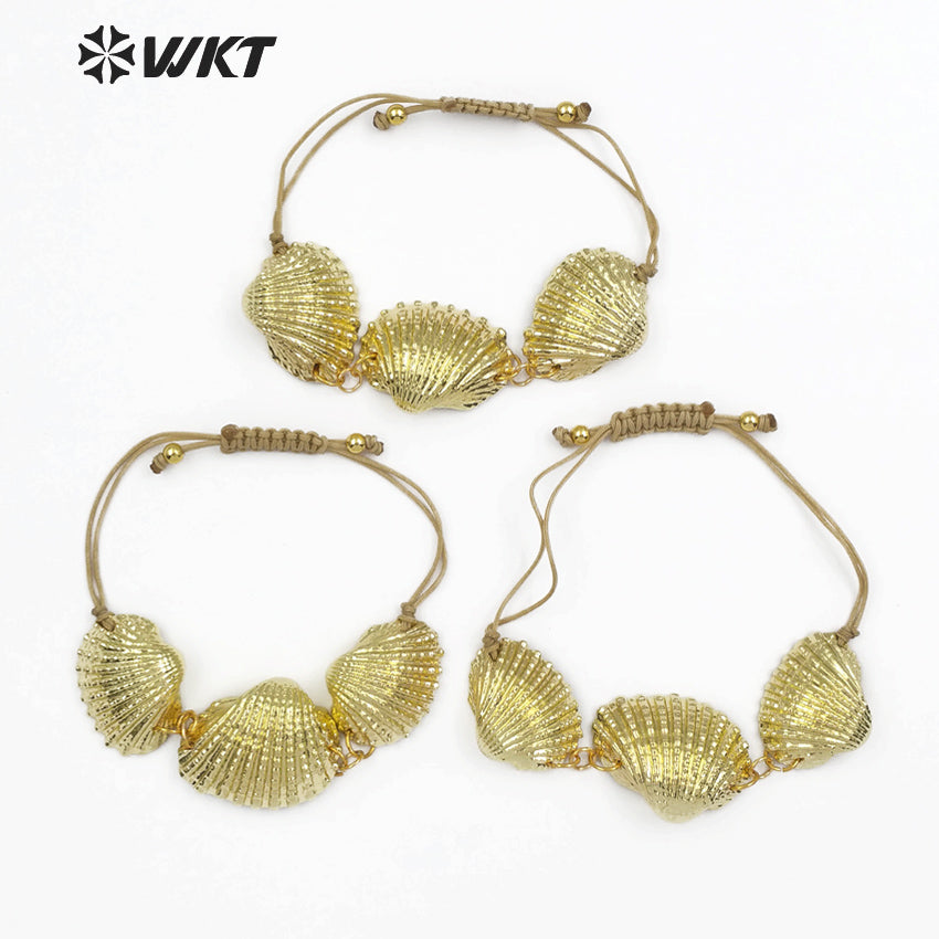 WT-B441 Handcrafted Three Natural Shells All Gold-plated and Suitable for Ladies to Wear Adjustable White Scallop Shell Bracelet