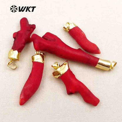 WT-P245 Hot!! Red Natural Coral Tesajo with 18k Gold Plated on Top Elegant Pendants for Women Natural Stone Pendant Red Coral Pendant