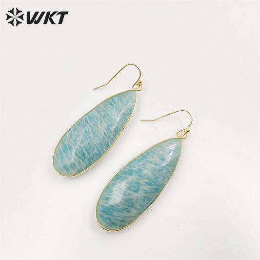 WT-E708 Women Gorgeous Double Faceted Cut Long Waterdrop Amazonite Earrings 18k Gold Bezel Dangle Earrings for Girls