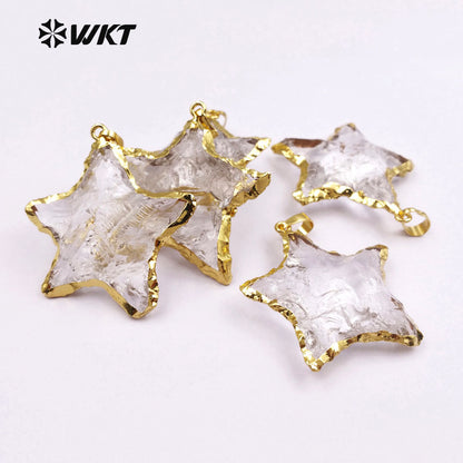 WT-P1326 WKT Wholesale Transparent Raw Crystal Quartz Charm 24k Genuine Gold Plated Pendant Star Shape Women