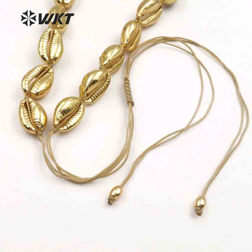WT-JN039 Wholesale Bohemia Gift for Women Handmade Necklace with Full Gold Plated Adjustable Natural Sea Cowrie Shells Necklace