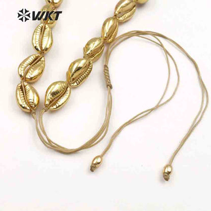 WT-JN039 Wholesale Bohemia Gift for Women Handmade Necklace with Full Gold Plated Adjustable Natural Sea Cowrie Shells Necklace