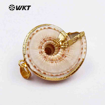 WT-JP007 NEWEST!!Clearance Swirl Gold Edged Unique Natural Shell Pendant with Electroplated Gift for Women