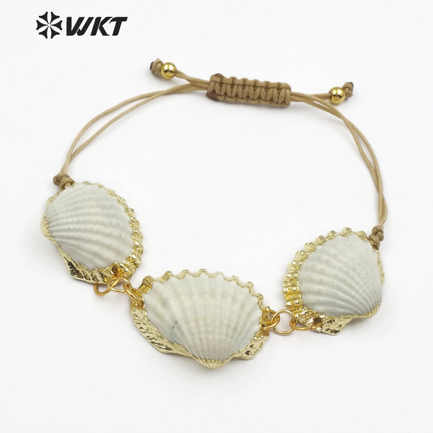 WT-B442 Handmade Natural Seashells With Gold-plated Edge for Summer Wear Adjustable Fan-shaped White Scallop Shell Bracelet