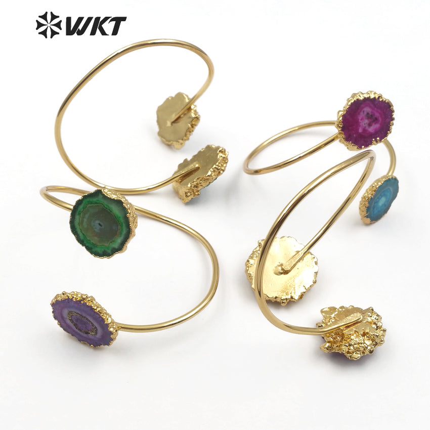 WT-B439 Woman Jewelry Double Quartz With Gold Bezel Fashion Cuff Size Can Adjust Colorful Natural Stalactite Quartz Bracelet
